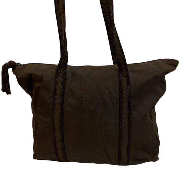 Prada Tessuto Nylon Zip Tote Bag – Chocolate Brown, Embroidered Logo + Tassel - Picture 1 of 15